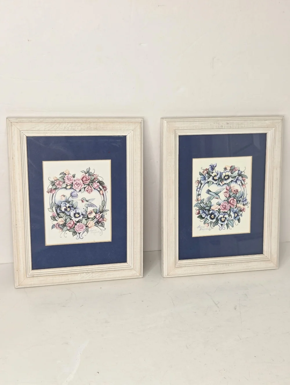 Vintage 90s Blue Hummingbird Floral Wooden Wall Decor Set Laurie Korsgaden